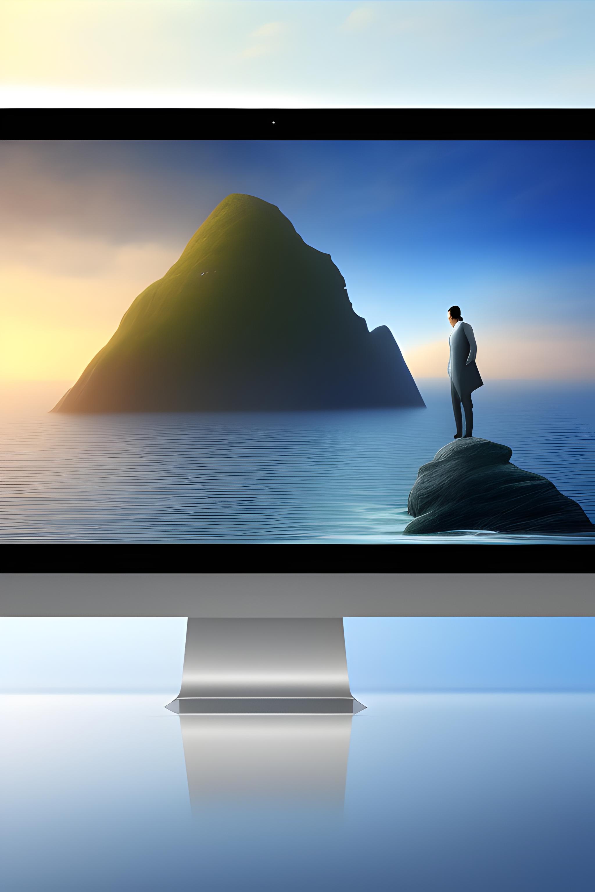 digital art, man standing on a cliff (small relative to rest of photo) and viewing a massive city and landscape in the distance, really emphasizing scale